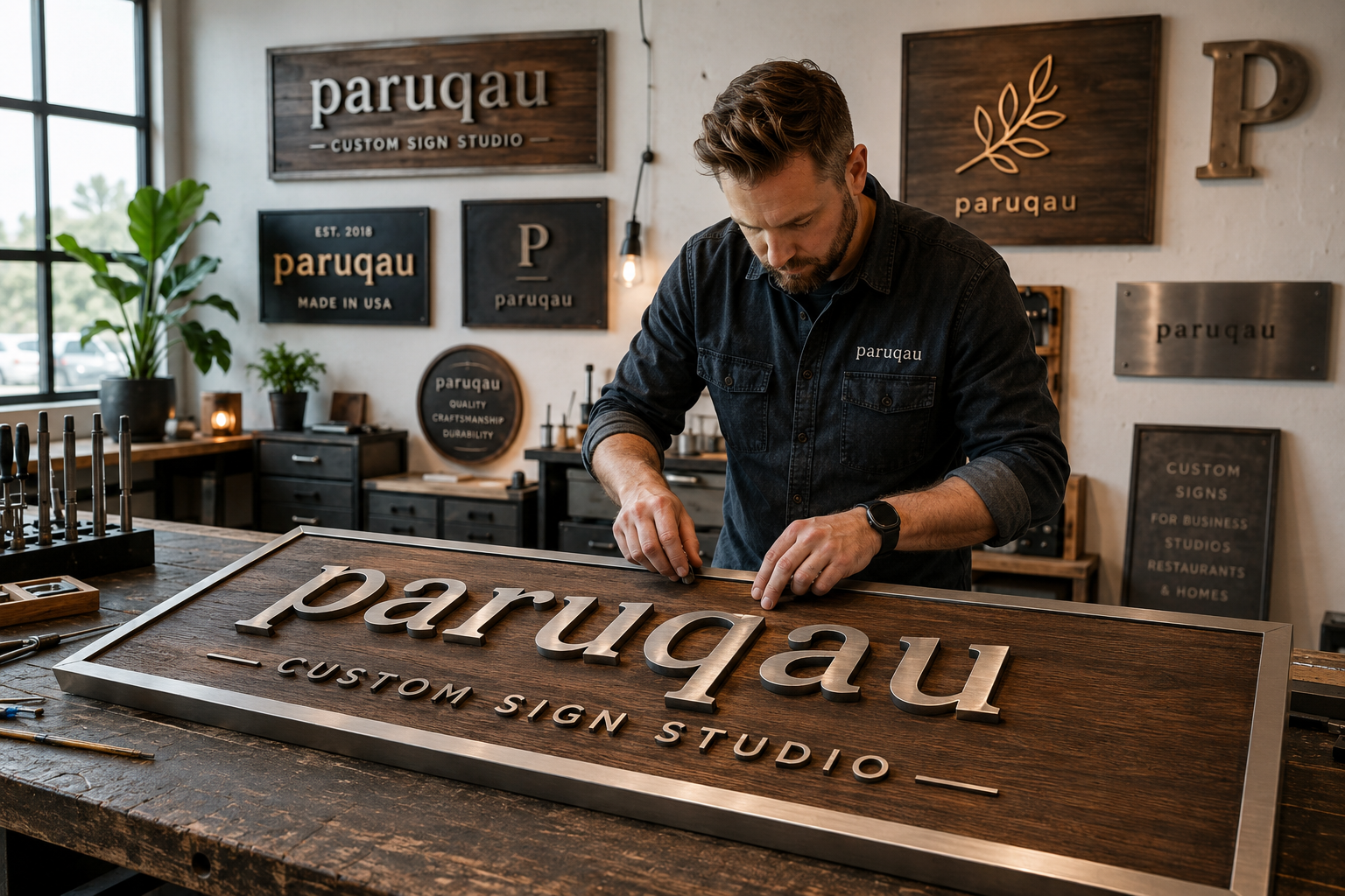 Custom wood and metal signage workshop