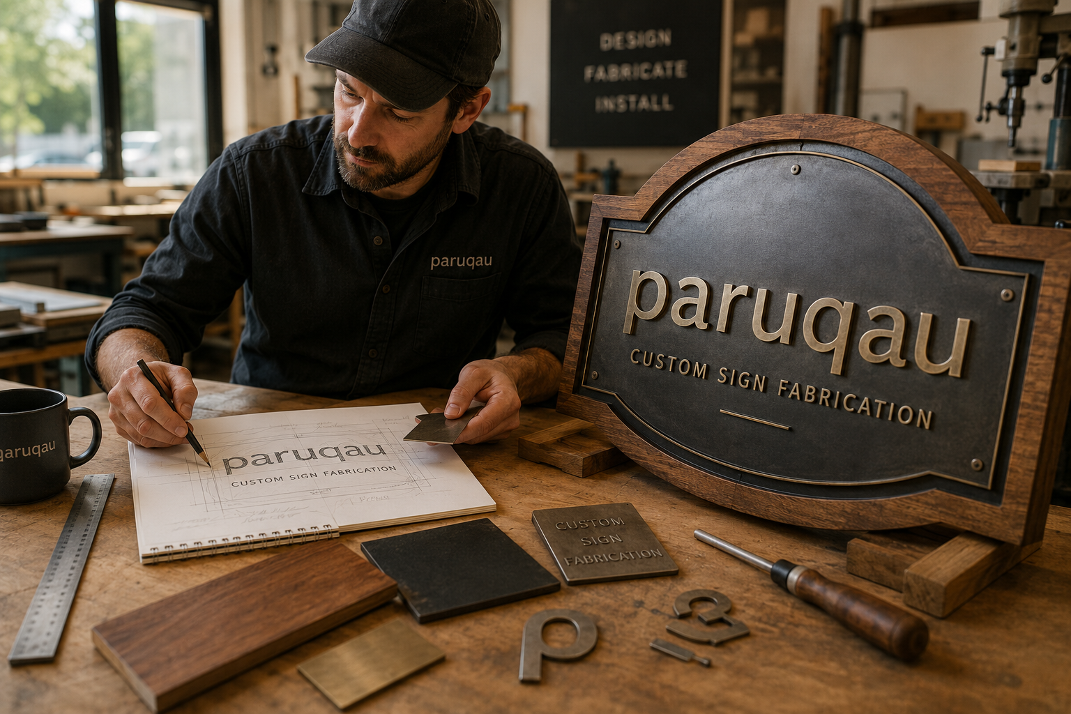 Craftsman fabricating a custom wood sign